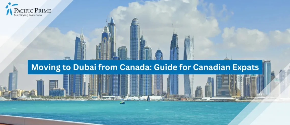 Image of Coastal Skyline View Of Dubai With Modern Skyscrapers with text overlay of "Moving to Dubai from Canada: Guide for Canadian Expats"