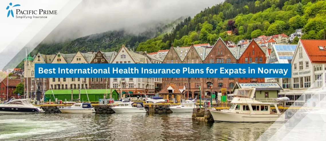 Image of Colorful Bryggen Waterfront With Boats Docked In Bergen, Norway with text overlay of "Best International Health Insurance Plans for Expats in Norway"