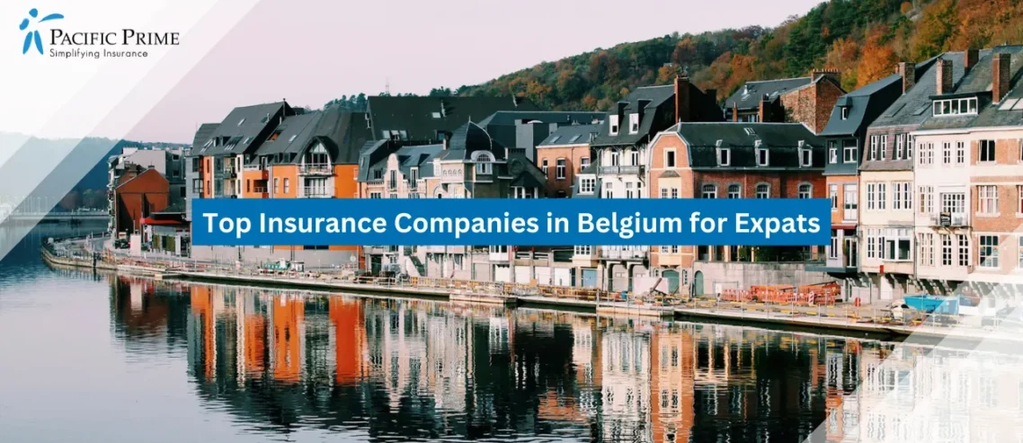 Image of Colorful Houses Along Riverside In Dinant, Belgium with text overlay of "Top Insurance Companies in Belgium for Expats"