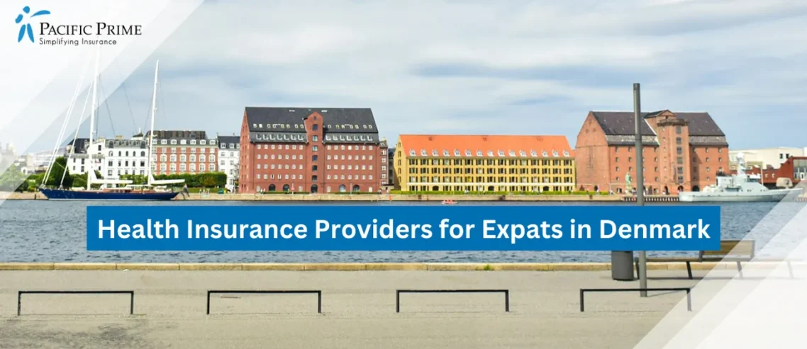 Image of Copenhagen's West India Warehouse Building By The Water, Denmark with text overlay of "Health Insurance Providers for Expats in Denmark"