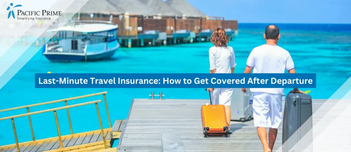Image of Couple With Luggage Arriving At A Maldives Resort Dock For A Tropical Getaway with text overlay of "Last-Minute Travel Insurance: How to Get Covered After Departure"