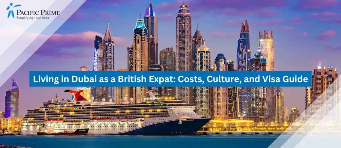 Image of Cruise Ship Sailing Past Dubai Marina Skyline At Sunset with text overlay of "Living in Dubai as a British Expat: Costs, Culture, and Visa Guide"
