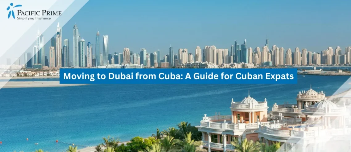 Image of Dubai Marina Waterfront With Palm Jumeirah In The Distance with text overlay of "Moving to Dubai from Cuba: A Guide for Cuban Expats"