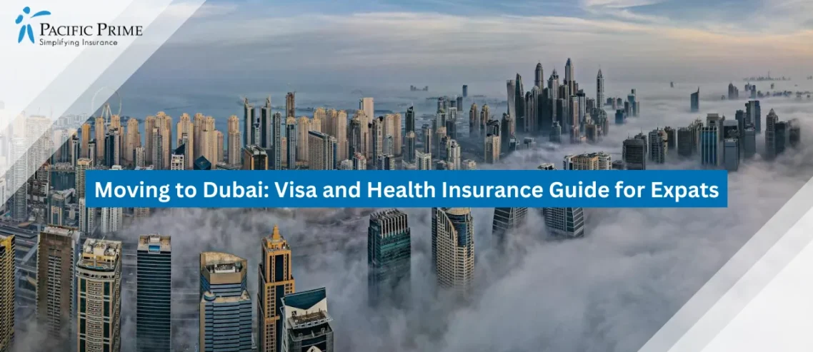 Image of Dubai Skyline Covered In Morning Fog with text overlay of "Moving to Dubai: Visa and Health Insurance Guide for Expats"
