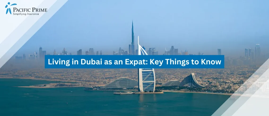Image of Dubai Skyline Featuring Burj Khalifa And Burj Al Arab At Sunset with text overlay of "Living in Dubai as an Expat: Key Things to Know"