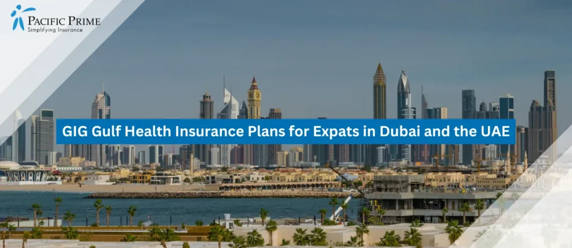 Image of Dubai Skyline With High Rise Towers Under A Clear Blue Sky with text overlay of "GIG Gulf Health Insurance Plans for Expats in Dubai and the UAE"