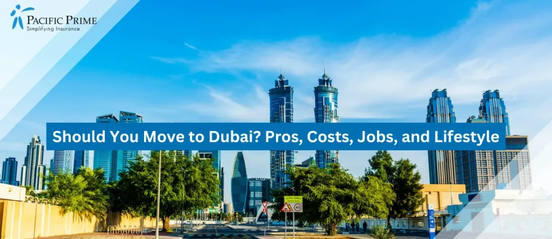 Image of Dubai Skyline With Modern Skyscrapers Under A Clear Blue Sky with text overlay of "Should You Move to Dubai? Pros, Costs, Jobs, and Lifestyle"