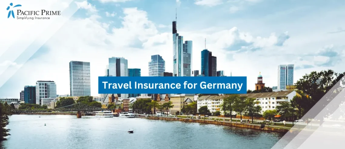 Image of Frankfurt Skyline With Skyscrapers Reflected In The River On A Clear Day with text overlay of "Travel Insurance for Germany"
