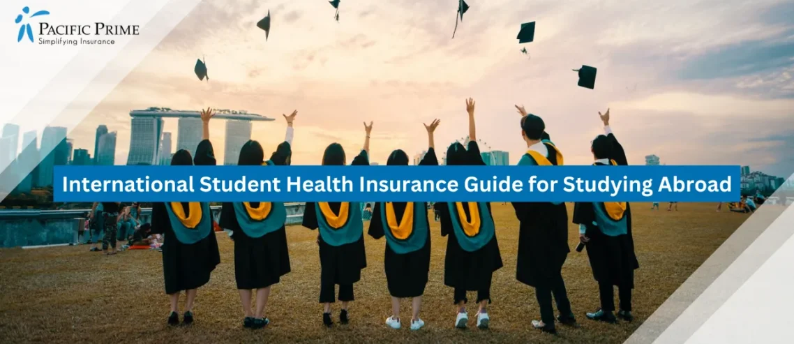 Image of Graduates Celebrating By Tossing Hats Into The Air Outdoors with text overlay of "International Student Health Insurance Guide for Studying Abroad"