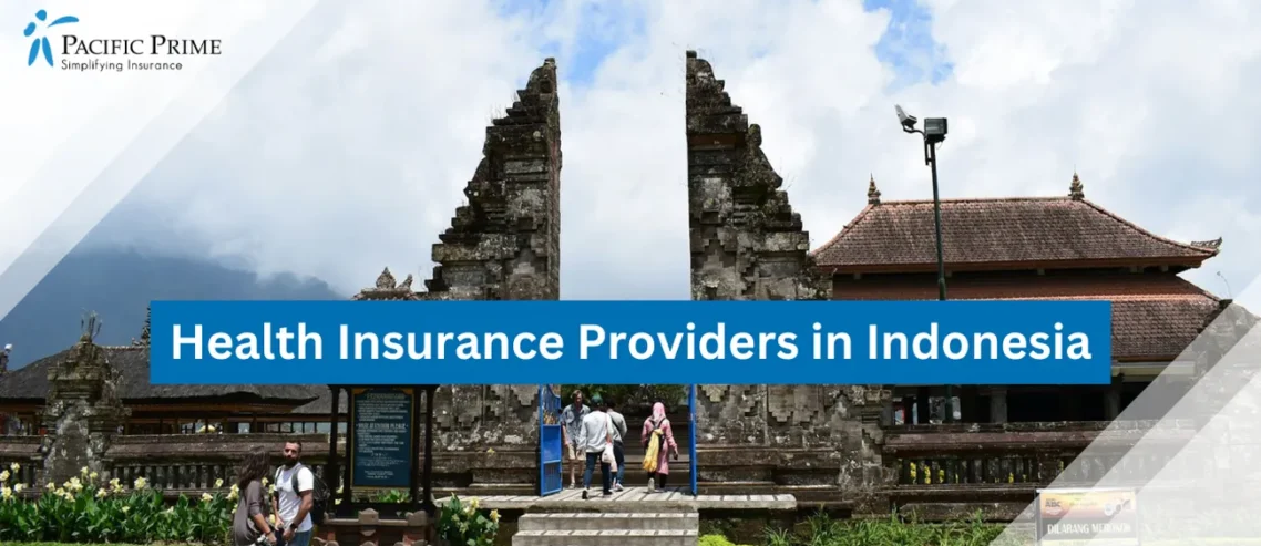 Image of Group Of People Walking Near Ulun Danu Beratan Temple, Bali, Indonesia with text overlay of "Health Insurance Providers in Indonesia"