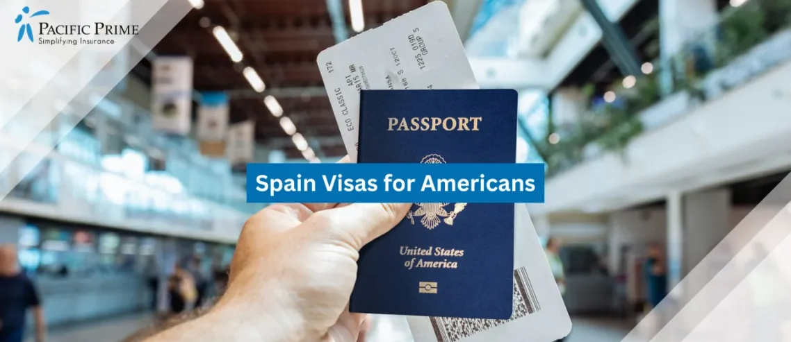 Image of Hand Holding A United States Passport Close-up with text overlay of "Spain Visas for Americans"