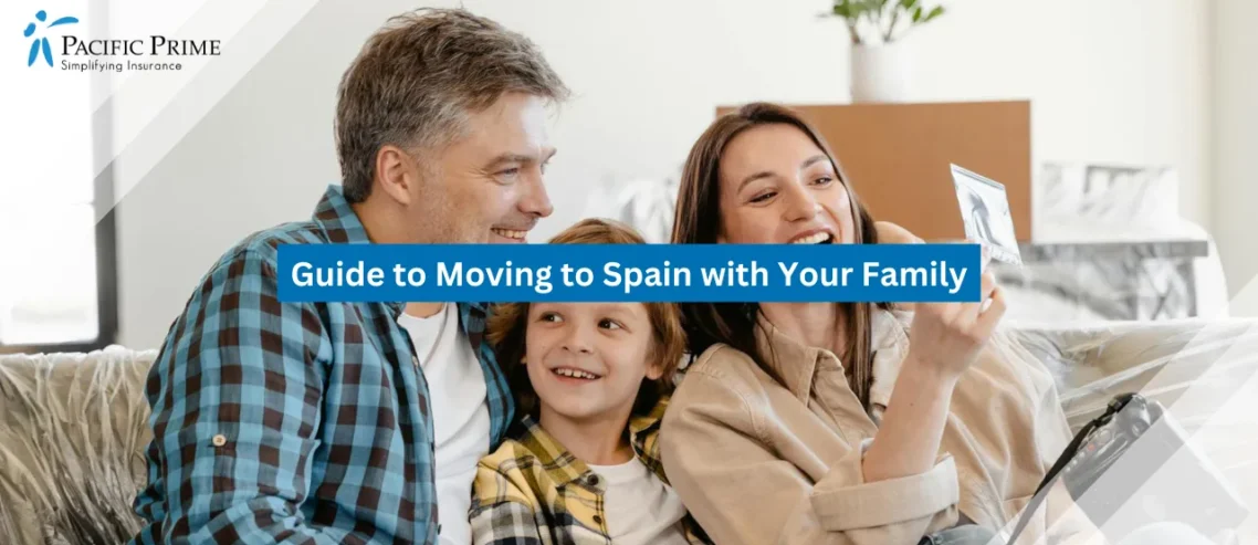 Image of Happy Family Relaxing On Couch With Moving Boxes In Their New Home with text overlay of "Guide to Moving to Spain with Your Family"