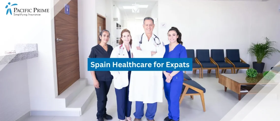 Image of Healthcare Professionals Smiling In A Modern Hospital Reception Area with text overlay of "Spain Healthcare for Expats"