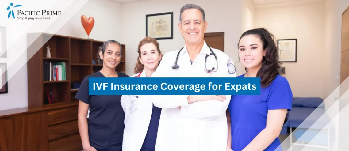 Image of Healthcare Team Collaborating In A Clinical Environment with text overlay of "IVF Insurance Coverage for Expats"