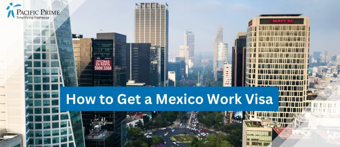 Image of High-Rise Buildings On Avenida Paseo De La Reforma, Mexico City, Daytime with text overlay of "How to Get a Mexico Work Visa"