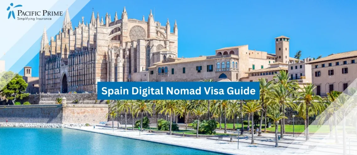 Image of Historic Cathedral By The Waterfront Under Clear Daylight In Palma, Spain with text overlay of "Spain Digital Nomad Visa Guide"