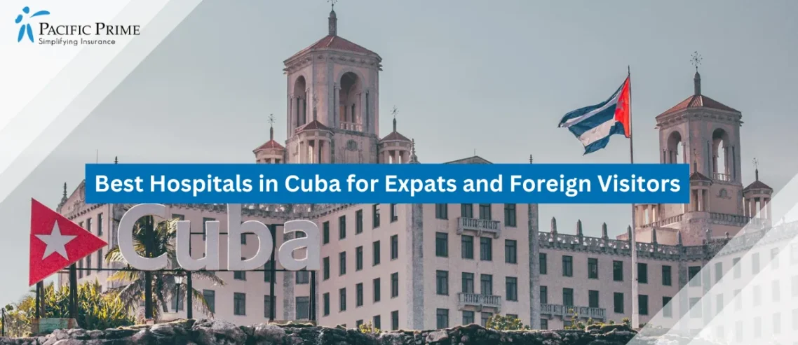 Image of Historic Hotel Nacional In Havana With Cuban Flag Under A Clear Blue Sky with text overlay of "Best Hospitals in Cuba for Expats and Foreign Visitors"