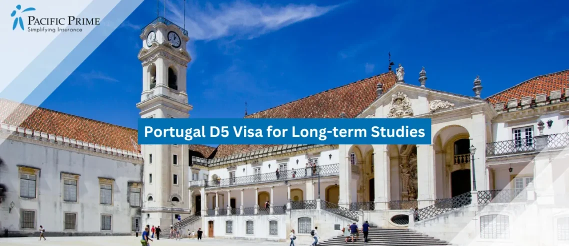 Image of Historic University Of Coimbra Building In Portugal with text overlay of "Portugal D5 Visa for Long-term Studies"