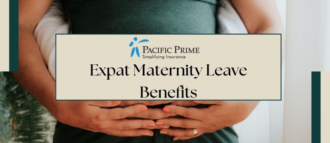 Image of a Husband Holding Pregnant Wife's Belly In Photoshoot with text overlay of "Expat Maternity Leave Benefits"