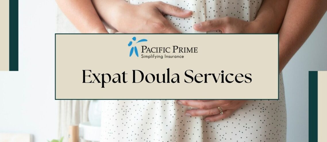Image of a Husband Touching Pregnant Wife's Belly with text overlay of "Expat Doula Services"