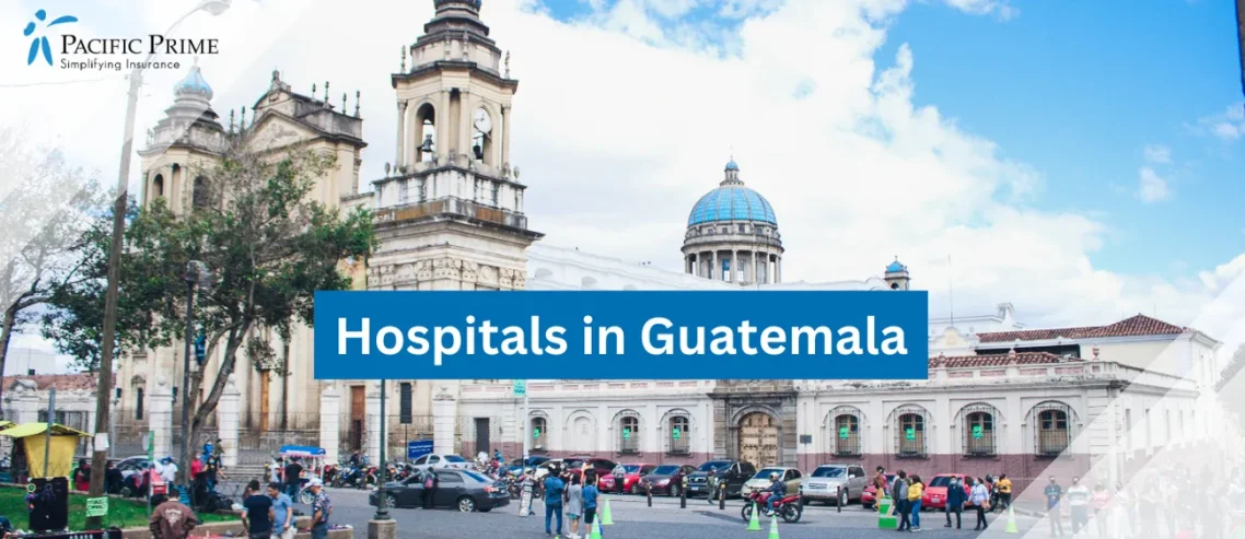 Image of Large White Building With Dome And Towers, Antigua, Guatemala, Near A Parking Lot with text overlay of "Hospitals in Guatemala"