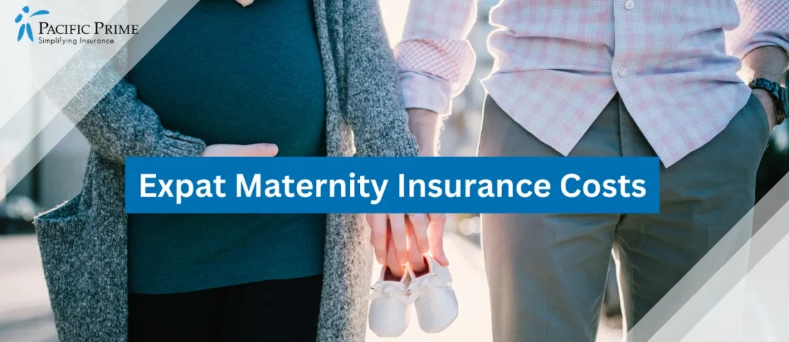 Image of Man And Pregnant Woman Holding Baby Shoes Outdoors with text overlay of "Expat Maternity Insurance Costs"