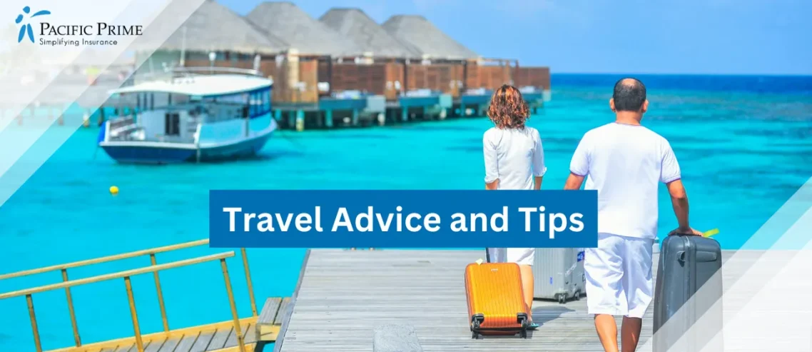 Image of Man And Woman Walking On A Dock Over Water In The Maldives with text overlay of "Travel Advice and Tips"