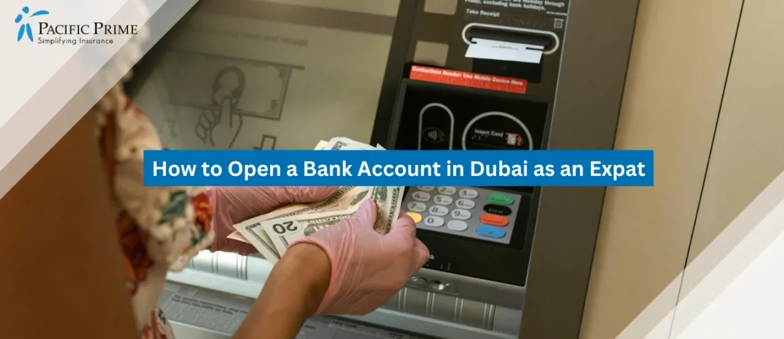 Image of Man Counting Cash Near An Atm Machine with text overlay of "How to Open a Bank Account in Dubai as an Expat"