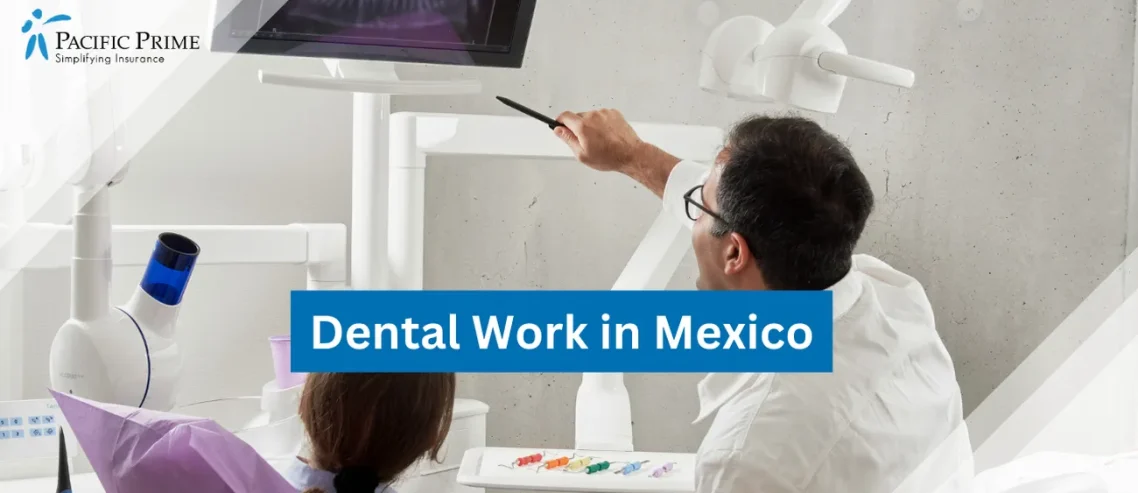 Image of Man In White Shirt Holding Pen Examining Dental X-Ray with text overlay of "Dental Work in Mexico"