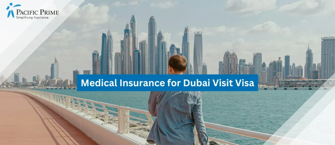 Image of Man Walking On A Bridge With Dubai Skyline In The Background with text overlay of "Medical Insurance for Dubai Visit Visa"