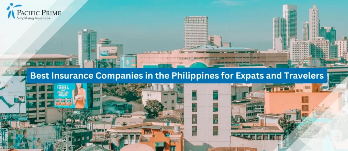 Image of Manila Cityscape With Isetann Recto Buildings Under Clear Blue Sky with text overlay of "Best Insurance Companies in the Philippines for Expats and Travelers"