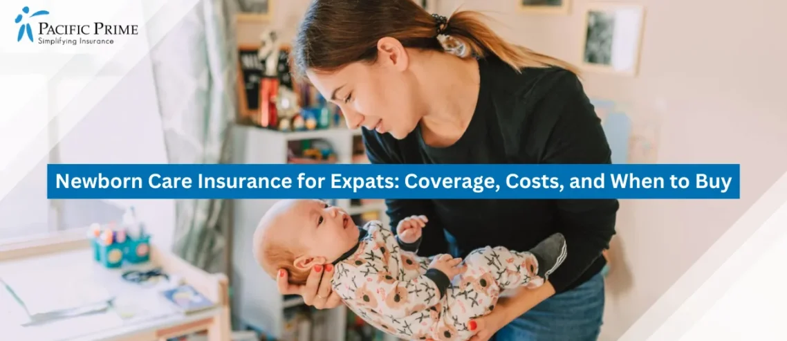 Image of Mother In Black Long Sleeves Placing Baby Into A Crib with text overlay of "Newborn Care Insurance for Expats: Coverage, Costs, and When to Buy"