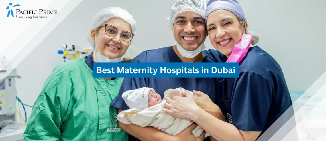 Image of Newborn Celebration By Doctors And Nurses In Hospital Setting with text overlay of "Best Maternity Hospitals in Dubai"