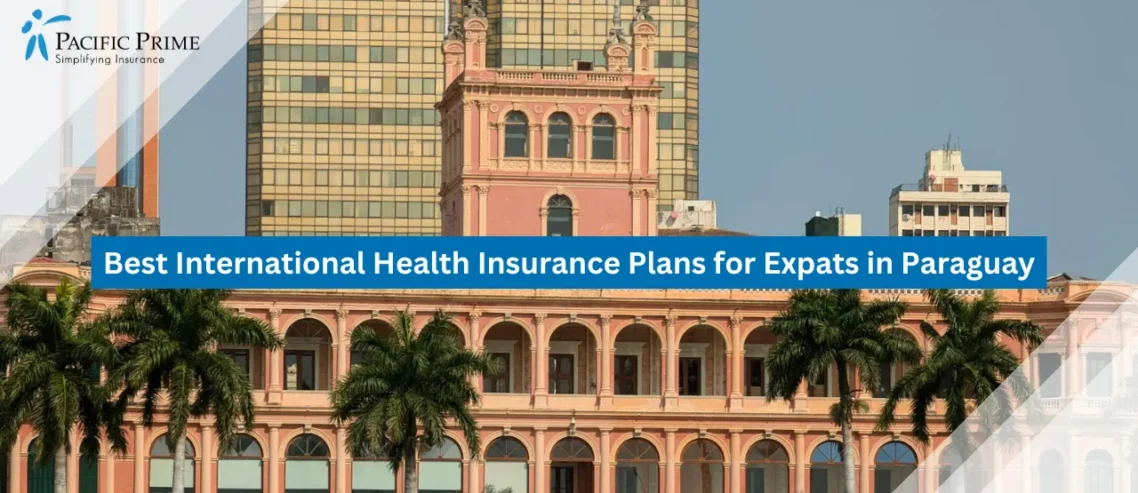 Image of Palm Trees In Front Of A Tall Building In Asunción, Paraguay with text overlay of "Best International Health Insurance Plans for Expats in Paraguay"