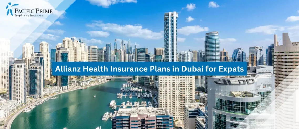 Image of Panoramic View Of Dubai Marina With River And Modern City Skyline with text overlay of "Allianz Health Insurance Plans in Dubai for Expats"