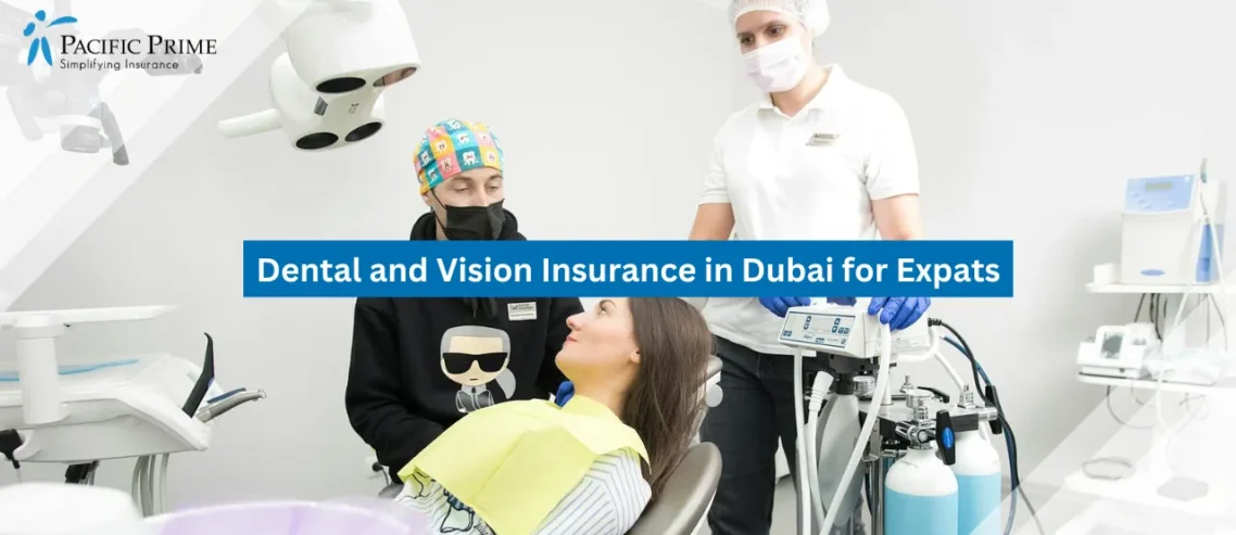 Image of Patient Reclining In Dental Chair During Checkup with text overlay of "Dental and Vision Insurance in Dubai for Expats"