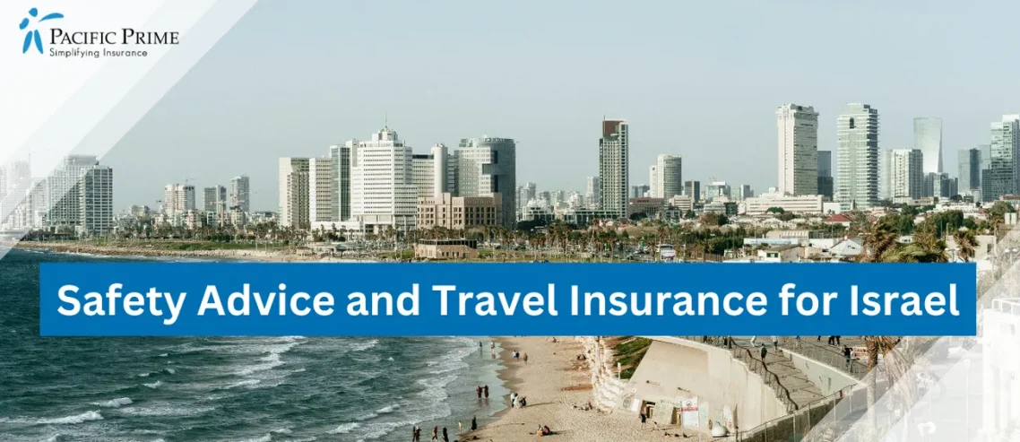 Image of People On A Beach In Tel Aviv-yafo, Israel Under A Gray Sky During Daytime with text overlay of "Safety Advice and Travel Insurance for Israel"