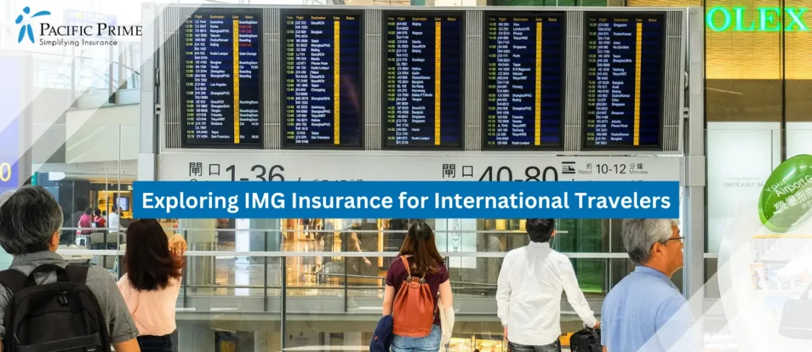 Image of People Standing Near Flight Departure Board At Airport with text overlay of "Exploring IMG Insurance for International Travelers"