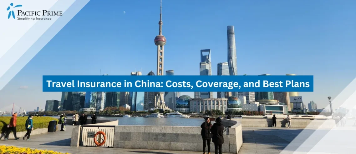 Image of People Standing On Grass Near The Bund Waterfront In Shanghai with text overlay of "Travel Insurance in China: Costs, Coverage, and Best Plans"