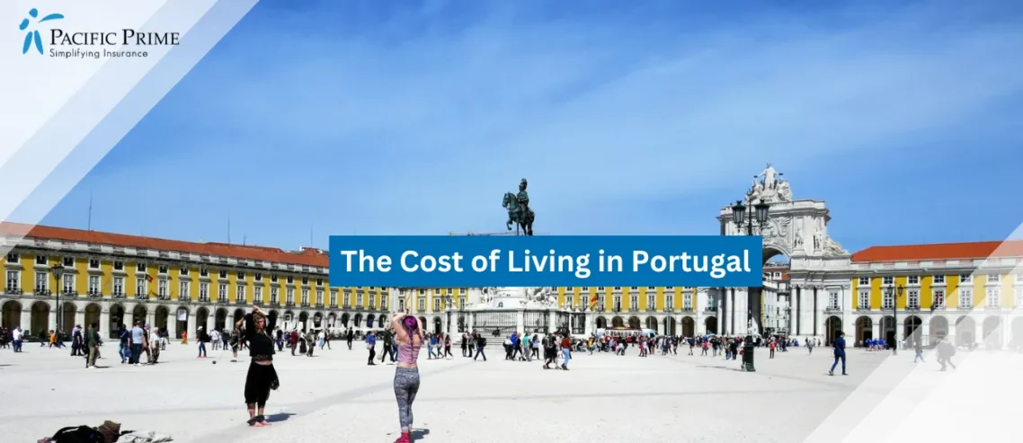 Image of People Walking Near White Building In Praca Do Comercio, Lisbon with text overlay of "The Cost of Living in Portugal"