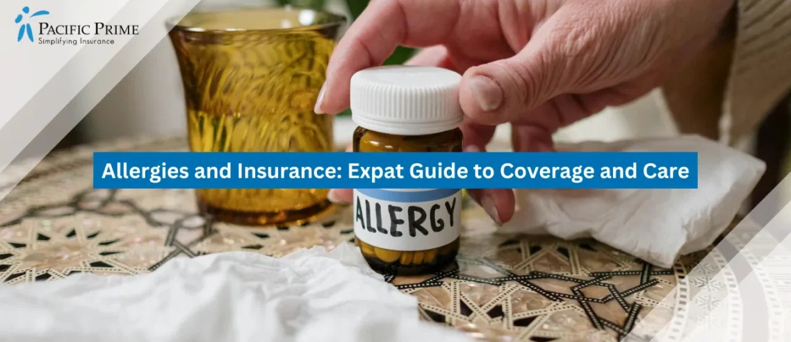 Image of Person Holding A Small Bottle Of Allergy Medicine with text overlay of "Allergies and Insurance: Expat Guide to Coverage and Care"