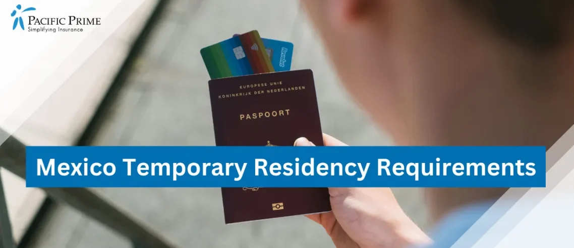 Image of Person Holding Passport, Visa, And Credit Cards with text overlay of "Mexico Temporary Residency Requirements"