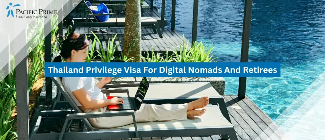Image of Person Using A Laptop While Sitting On An Outdoor Bench with text overlay of "Thailand Privilege Visa For Digital Nomads And Retirees"