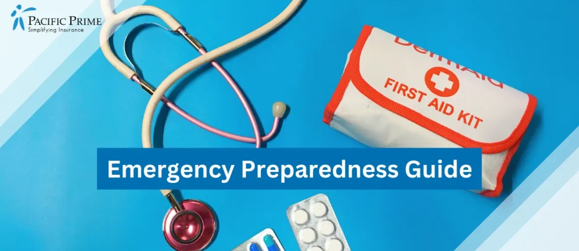 Image of Pink Stethoscope, First Aid Kit, And Medications with text overlay of "Emergency Preparedness Guide"