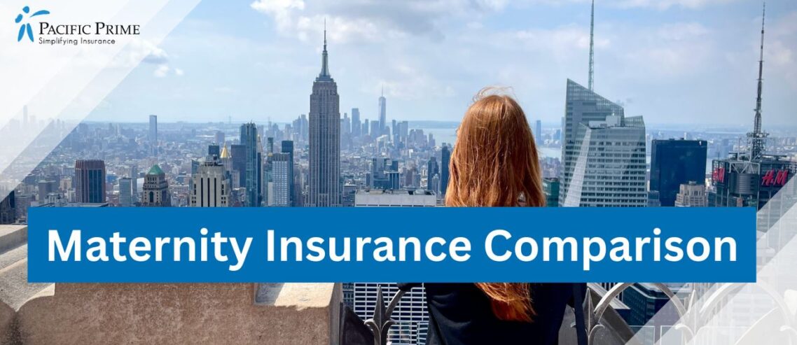 Image of a Pregnant Woman Standing At The Top Of Tall Building with text overlay of "Maternity Insurance Comparison"