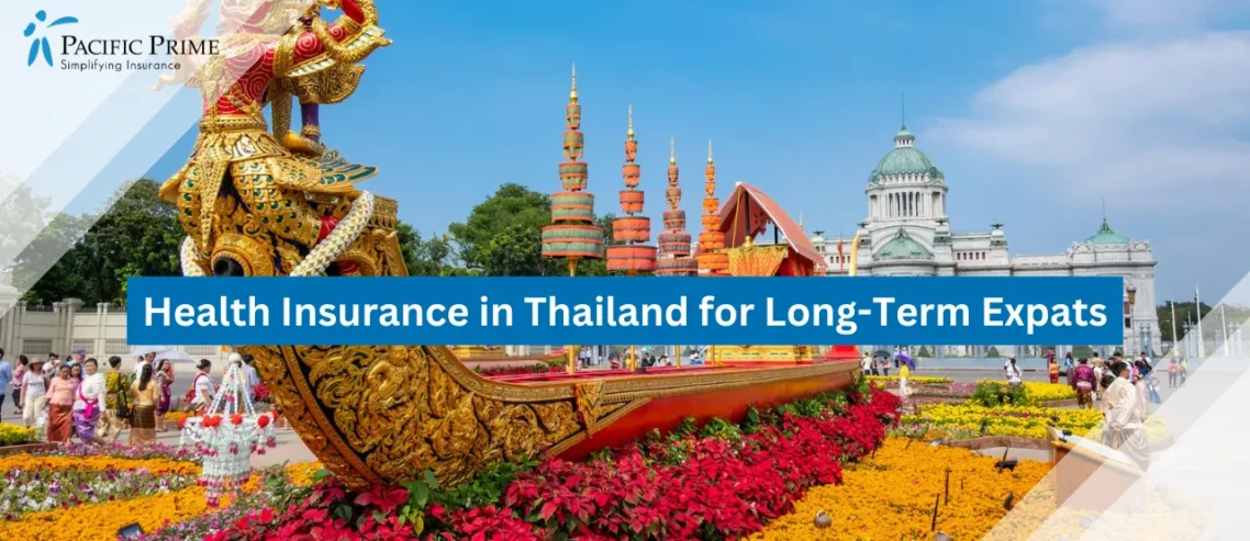 Image of Royal Barge On Chao Phraya River During Procession In Thailand with text overlay of "Health Insurance in Thailand for Long-Term Expats"