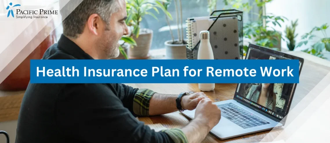 Image of Salesperson On A Virtual Call Working From Home with text overlay of "Health Insurance Plan for Remote Work"