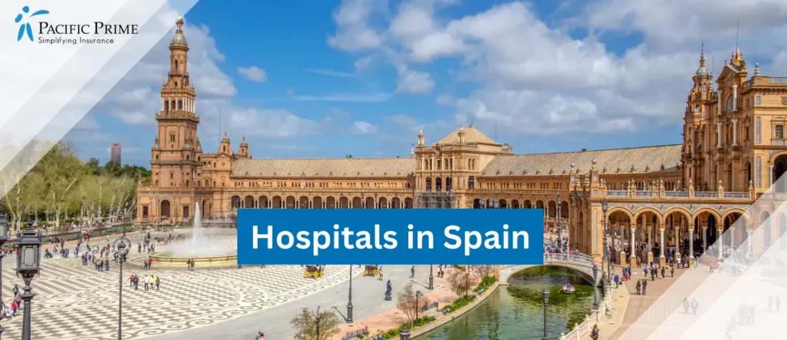 Image of Scenic View Of Spain Square In Seville Under Blue Sky With White Clouds with text overlay of "Hospitals in Spain"