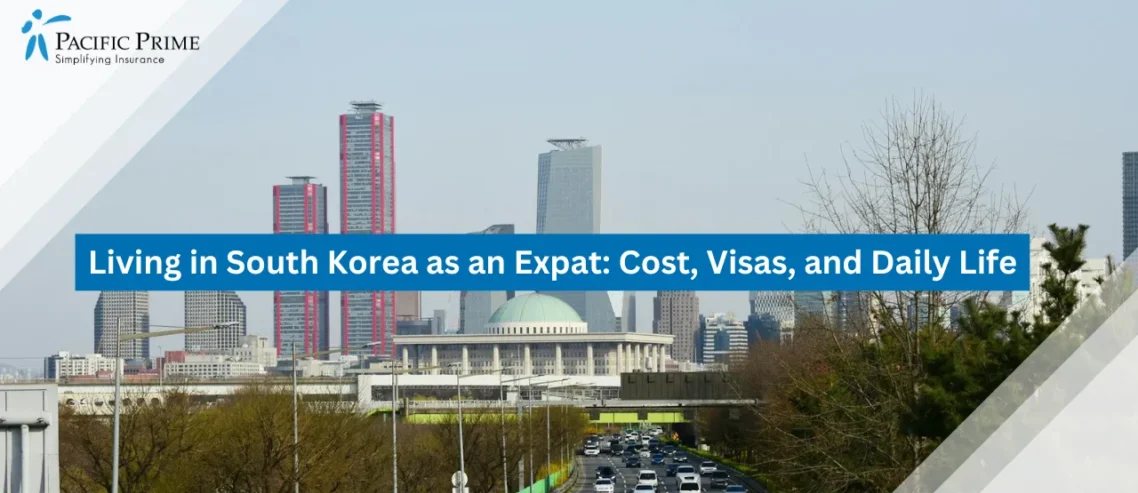 Image of Seoul Skyline With Tall Buildings And Highway On A Clear Sunny Day with text overlay of "Living in South Korea as an Expat: Cost, Visas, and Daily Life"