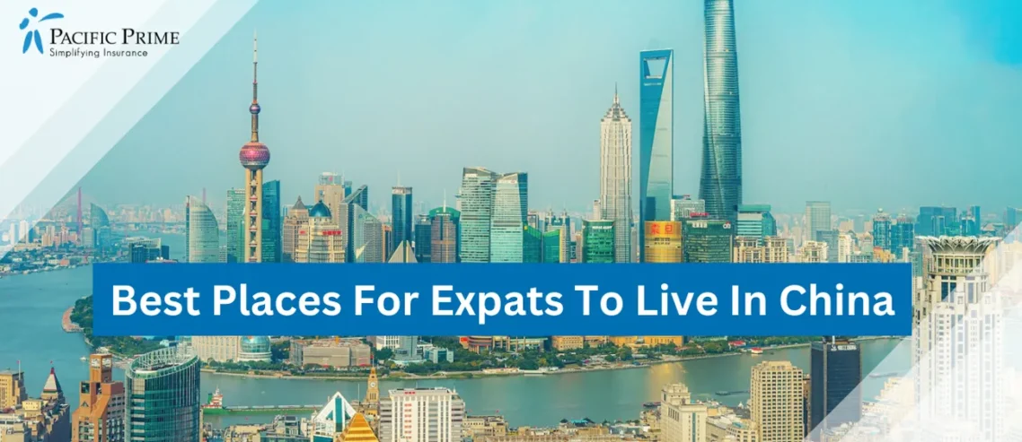 Image of Shanghai City Skyline Under A Clear Blue Sky In Daytime with text overlay of "Best Places For Expats To Live In China"
